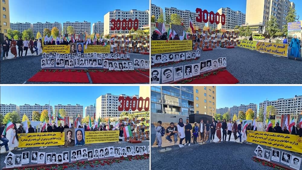 Stockholm, Sweden—October 9, 2023: Freedom-loving Iranians, and supporters of the People's Mojahedin Organization of Iran (PMOI/MEK) held a rally on the thirteenth session of the appeal trial of the executioner Hamid Noury in front of the court. They are seeking justice for more than 30,000 martyrs of the 1988 massacre.