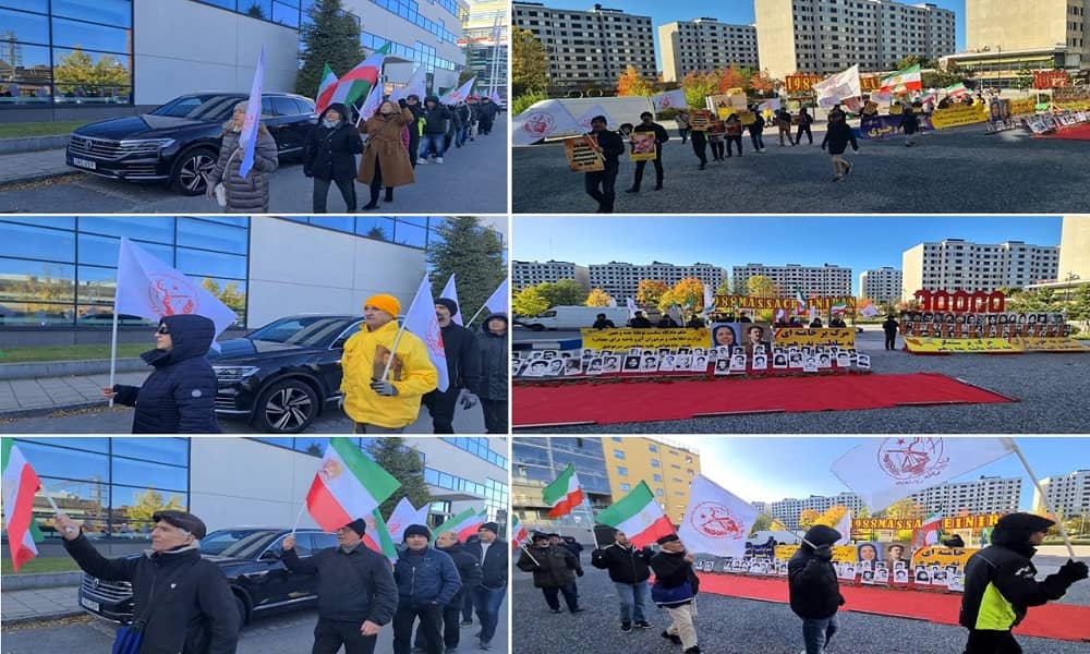 Stockholm, Sweden—October 16, 2023: Freedom-loving Iranians, and supporters of the People’s Mojahedin Organization of Iran (PMOI/MEK) held a rally on the fourteenth session of the appeal trial of the executioner Hamid Noury in front of the court. They are seeking justice for more than 30,000 martyrs of the 1988 massacre.