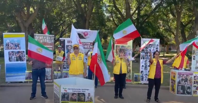 Sydney, Australia—October 14, 2023: Freedom-loving Iranians and supporters of the People’s Mojahedin Organization of Iran (PMOI/MEK) held a rally in solidarity with the Iranian Revolution.