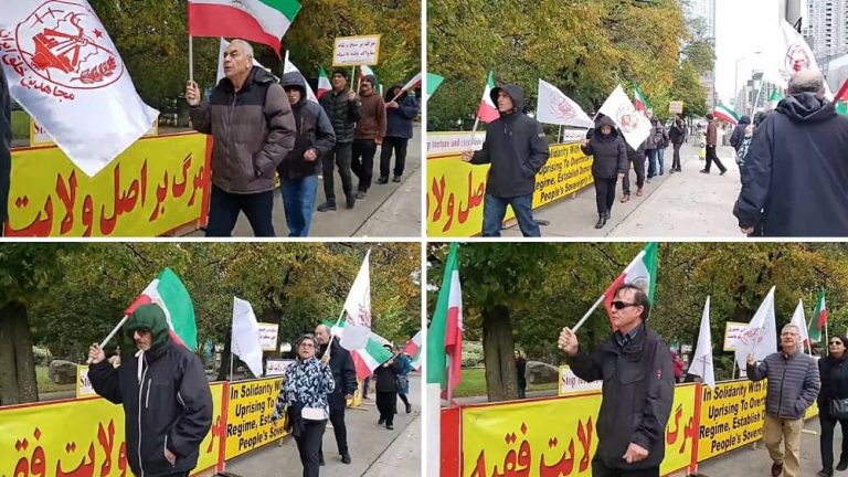Toronto, Canada—October 21, 2023: Freedom-loving Iranians and supporters of the People’s Mojahedin Organization of Iran (PMOI/MEK) held a rally in solidarity with the Iranian Revolution.