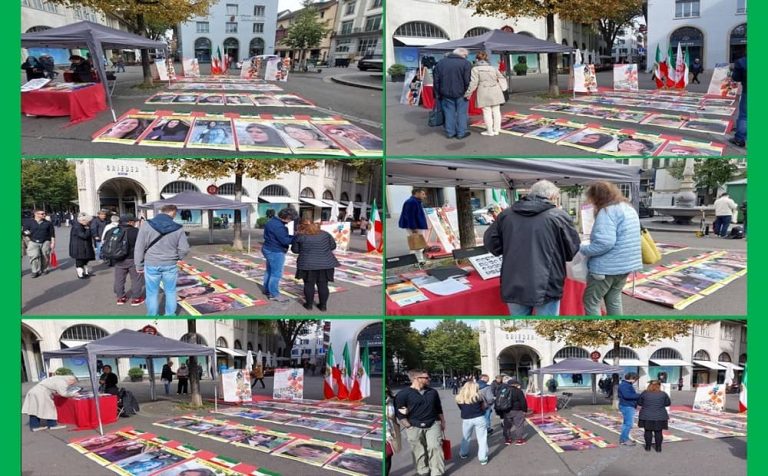 Zurich, Switzerland—October 17, 2023: Freedom-loving Iranians and supporters of the People’s Mojahedin Organization of Iran (PMOI/MEK) held a photo exhibition in solidarity with the Iranian Revolution and commemorated the martyrs of the nationwide uprising of the Iranian people.