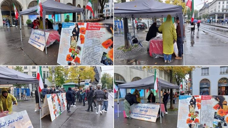 Zurich, Switzerland—October 24, 2023: Freedom-loving Iranians and supporters of the People’s Mojahedin Organization of Iran (PMOI/MEK) held a photo exhibition in solidarity with the Iranian Revolution and commemorated the martyrs of the nationwide uprising of the Iranian people.