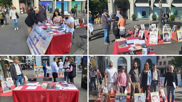 Zurich, Switzerland—October 3, 2023: Freedom-loving Iranians and supporters of the People’s Mojahedin Organization of Iran (PMOI/MEK) held a photo exhibition in solidarity with the Iran Revolution and supporting Maryam Rajavi's Ten point plan for a free Iran.