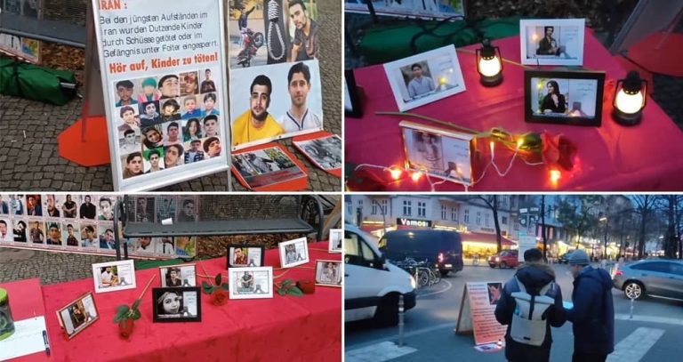 Berlin, Germany—November 18, 2023: Freedom-loving Iranians and supporters of the People’s Mojahedin Organization of Iran (PMOI/MEK) organized an exhibition in solidarity with the Iranian Revolution. They also commemorated Iran's uprising in November 2019 and victims of terror and torture of the mullahs' regime.
