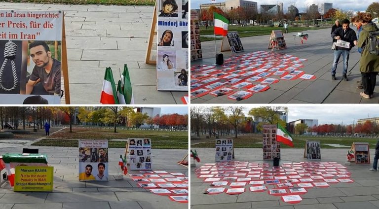 Berlin, Germany—November 7, 2023: Freedom-loving Iranians and supporters of the People’s Mojahedin Organization of Iran (PMOI/MEK) held a photo exhibition in solidarity with the Iranian Revolution.