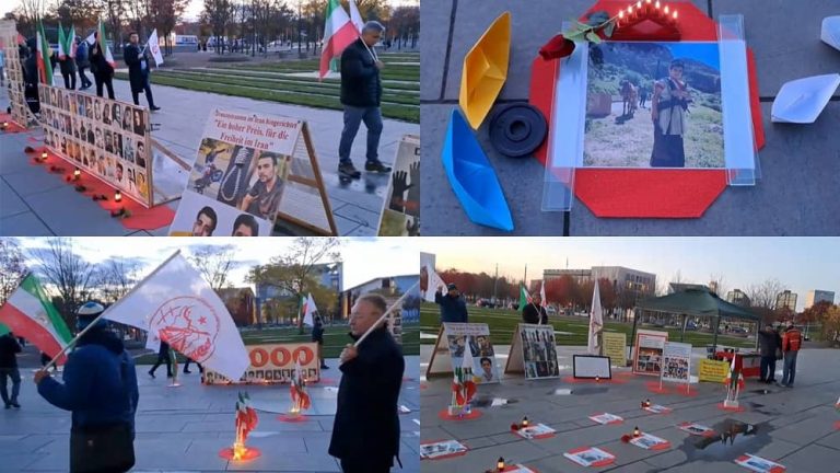 Berlin, Germany—November 9, 2023: Freedom-loving Iranians and supporters of the People’s Mojahedin Organization of Iran (PMOI/MEK) organized a rally and photo exhibition in solidarity with the Iranian Revolution. This demonstration served as a tribute to the martyrs of the nationwide Iranian uprising. Among those remembered was Kian Pirfalak, a 10-year-old from Izeh who lost his life at the hands of the criminal agents of the Mullahs’ regime in November 2022.