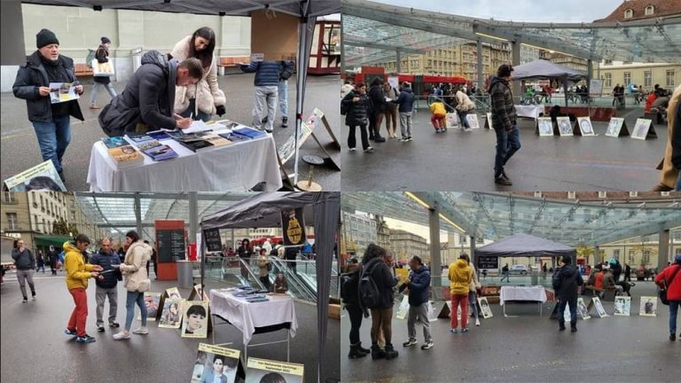 Bern, Switzerland—November 7, 2023: Freedom-loving Iranians and supporters of the People’s Mojahedin Organization of Iran (PMOI/MEK) held a photo exhibition in solidarity with the Iranian Revolution.