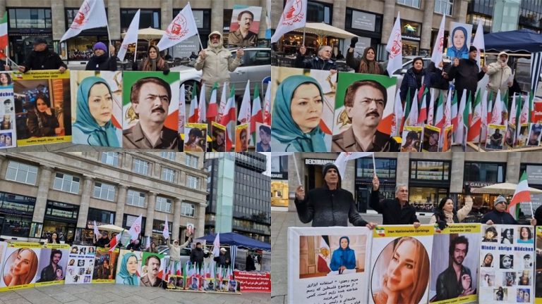 Cologne, Germany—November 8, 2023: Freedom-loving Iranians and supporters of the People’s Mojahedin Organization of Iran (PMOI/MEK) held a rally in solidarity with the Iranian Revolution.