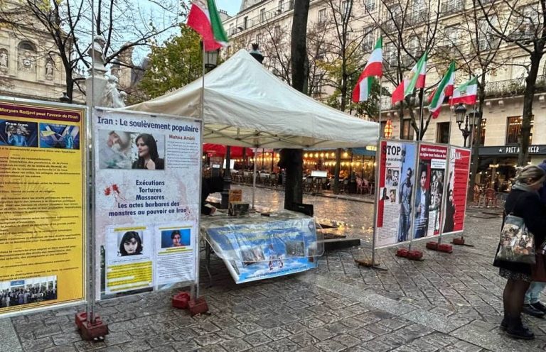 Paris, France—November 10, 2023: Freedom-loving Iranians and supporters of the People’s Mojahedin Organization of Iran (PMOI/MEK) held a photo exhibition in solidarity with the Iranian Revolution and commemorated the martyrs of the nationwide uprising of the Iranian people.