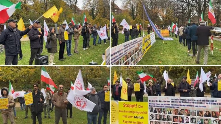 Hamburg, Germany—November 17, 2023: Freedom-loving Iranians and supporters of the People’s Mojahedin Organization of Iran (PMOI/MEK) organized a rally, demanding the shutdown of Iran's regime embassy as a center of terror and espionage. They also expressed their solidarity with the Iranian Revolution.