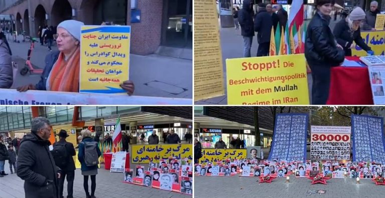 Hamburg , Germany—November 11, 2023: Freedom-loving Iranians and supporters of the People’s Mojahedin Organization of Iran (PMOI/MEK) organized a rally and exhibition in solidarity with the Iranian Revolution and victims of terror, torture and execution by the mullahs' regime. Iranians in Hamburg strongly condemned the terrorist attack on Dr. Alejo Vidal-Quadras in Madrid on November 10.