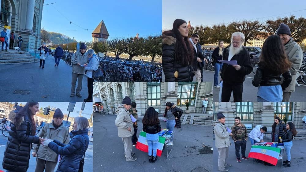 Lucerne, Switzerland—November 8, 2023: Freedom-loving Iranians and supporters of the People’s Mojahedin Organization of Iran (PMOI/MEK) held a book exhibition in solidarity with the Iranian Revolution.