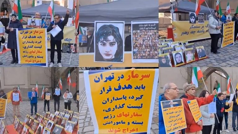 Munich, Germany—November 18, 2023: Freedom-loving Iranians and supporters of the People’s Mojahedin Organization of Iran (PMOI/MEK) organized a rally and exhibition in solidarity with the Iranian Revolution. This demonstration served as a tribute to the martyrs of the nationwide Iranian uprising. Among those remembered was Kian Pirfalak, a 10-year-old from Izeh who lost his life at the hands of the criminal agents of the Mullahs’ regime in November 2022.