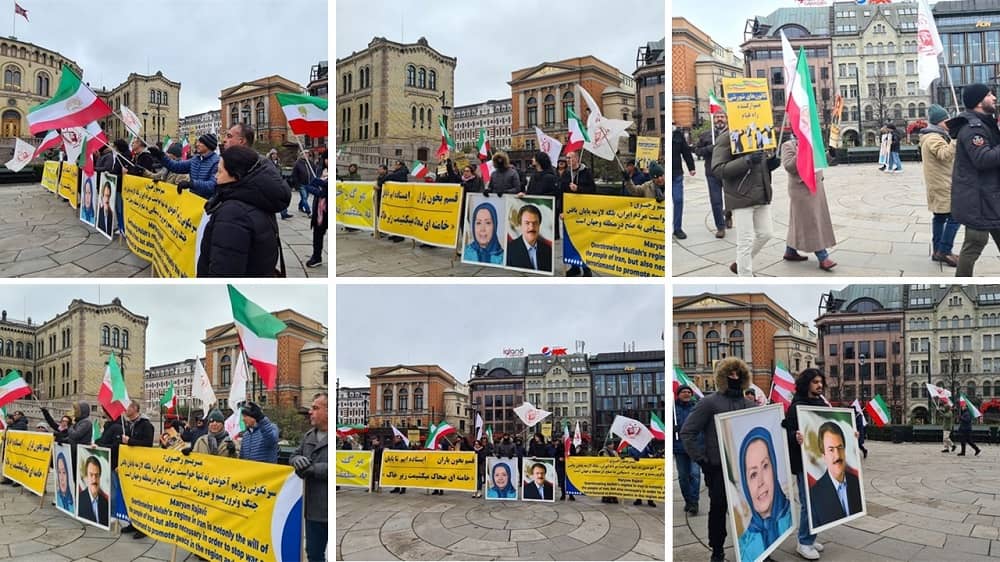Oslo, Norway—November 4, 2023: Freedom-loving Iranians and supporters of the People’s Mojahedin Organization of Iran (PMOI/MEK) held a rally in front of the Norwegian Parliament in solidarity with the Iranian Revolution.