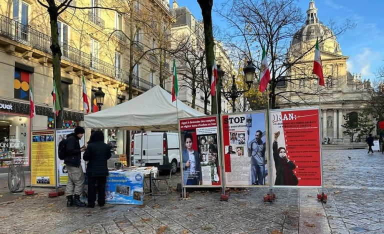 Paris, France—November 17, 2023: Freedom-loving Iranians and supporters of the People’s Mojahedin Organization of Iran (PMOI/MEK) held a photo exhibition in solidarity with the Iranian Revolution and commemorated the martyrs of the nationwide uprising of the Iranian people.