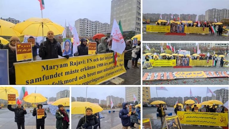 Stockholm, Sweden—November 8, 2023: Freedom-loving Iranians and supporters of the People's Mojahedin Organization of Iran (PMOI/MEK) held a rally for the third consecutive day in front of the court of appeal. This demonstration held at same as the last session of the appeal court, calling for justice regarding the executioner, Hamid Noury, and seeking justice for the more than 30,000 martyrs of the 1988 massacre.