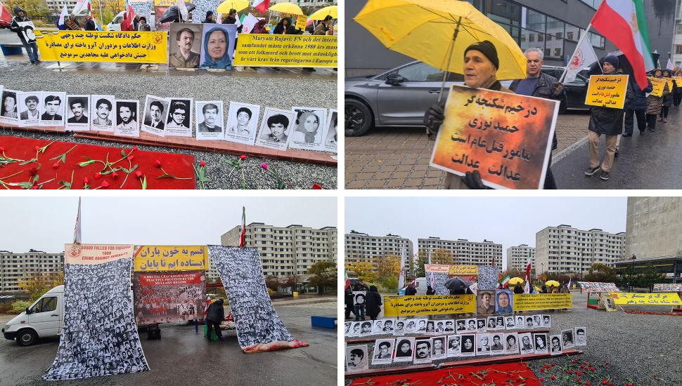 Stockholm, Sweden—October 31, 2023: Freedom-loving Iranians, and supporters of the People's Mojahedin Organization of Iran (PMOI/MEK) held a rally in front of the court of appeal for the executioner Hamid Noury They are seeking justice for the more than 30,000 martyrs of the 1988 massacre.