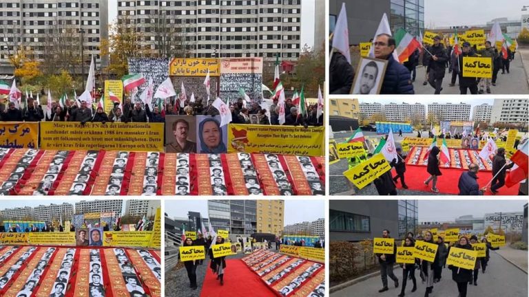 Stockholm, Sweden—November 6, 2023: Freedom-loving Iranians, and supporters of the People's Mojahedin Organization of Iran (PMOI/MEK) held a rally in front of the court of appeal for the executioner Hamid Noury They are seeking justice for the more than 30,000 martyrs of the 1988 massacre.