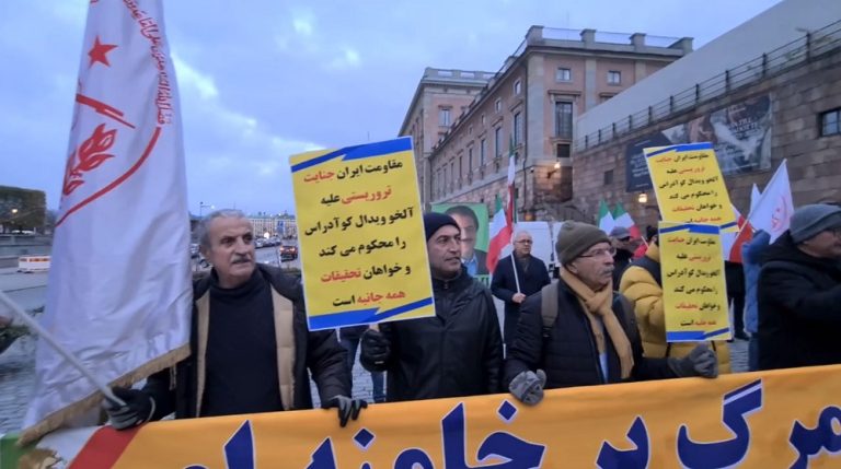 Stockholm, Sweden—November 11, 2023: Freedom-loving Iranians and supporters of the People’s Mojahedin Organization of Iran (PMOI/MEK) organized a rally in front of the Parliament in solidarity with the Iranian Revolution and victims of terror, torture and execution by the mullahs' regime. Iranians in Stockholm strongly condemned the terrorist attack on Dr. Alejo Vidal-Quadras in Madrid on November 10.
