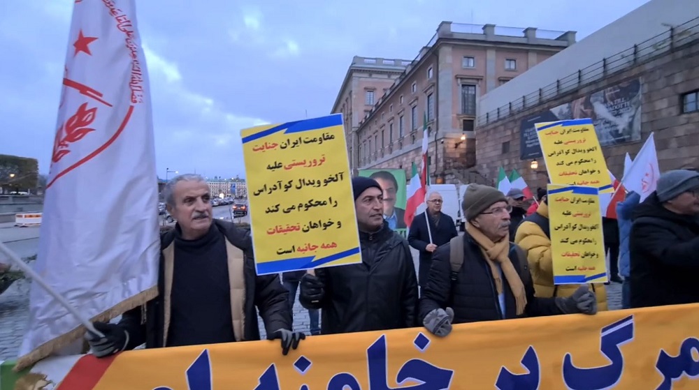 Stockholm, Sweden—November 11, 2023: Freedom-loving Iranians and supporters of the People’s Mojahedin Organization of Iran (PMOI/MEK) organized a rally in front of the Parliament in solidarity with the Iranian Revolution and victims of terror, torture and execution by the mullahs' regime. Iranians in Stockholm strongly condemned the terrorist attack on Dr. Alejo Vidal-Quadras in Madrid on November 10.