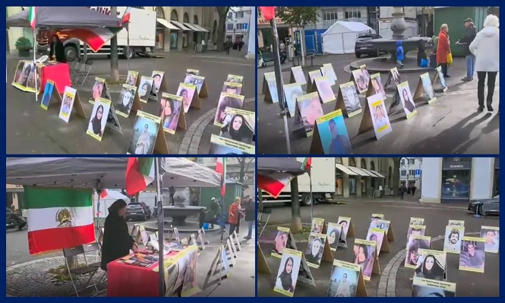Zurich, Switzerland—October 31, 2023: Freedom-loving Iranians and supporters of the People’s Mojahedin Organization of Iran (PMOI/MEK) held a photo exhibition in solidarity with the Iranian Revolution and commemorated the martyrs of the nationwide uprising of the Iranian people.