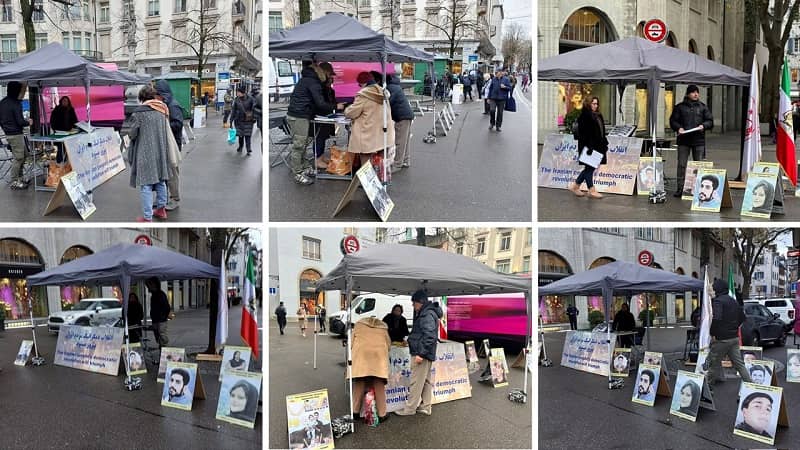 Zurich, Switzerland — November 28, 2023: Freedom-loving Iranians and supporters of the People’s Mojahedin Organization of Iran (PMOI/MEK) organized a photo exhibition in solidarity with the Iranian Revolution.