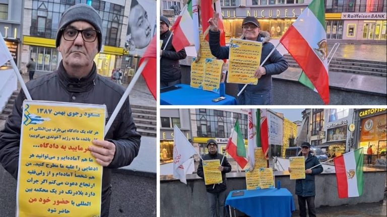 Bucharest, Romania—December 9, 2023: Freedom-Loving Iranians and supporters of the People’s Mojahedin Organization of Iran (PMOI/MEK) organized a rally on the occasion of Human Rights Day to support the Iranian Revolution. Additionally, they condemned the wave of brutal executions in Iran.