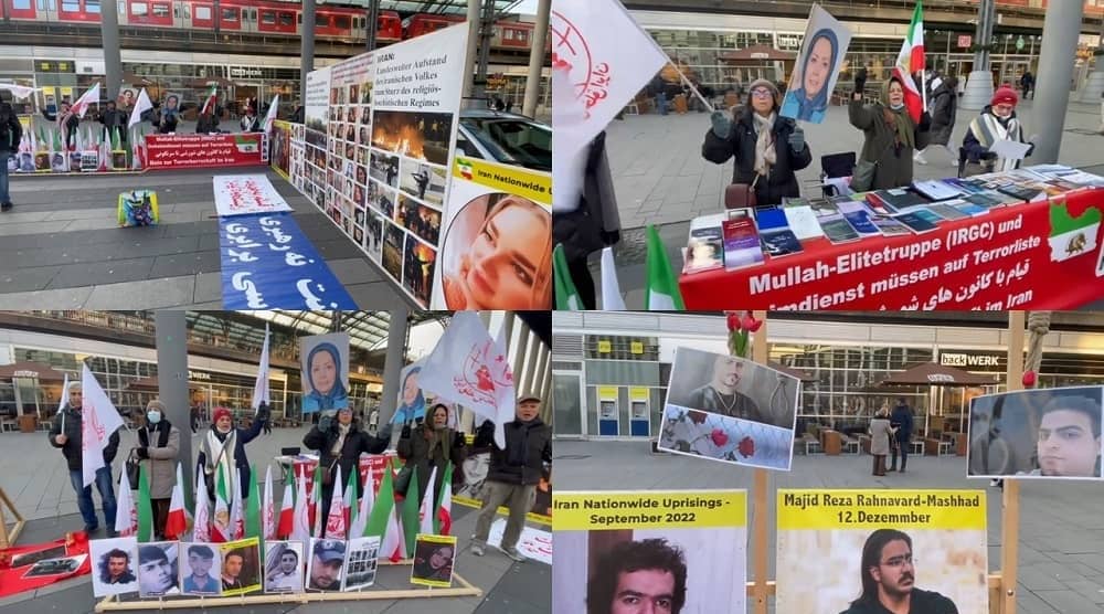 Cologne, Germany—December 2, 2023: Freedom-loving Iranians and supporters of the People’s Mojahedin Organization of Iran (PMOI/MEK) organized a rally to support the Iranian Revolution. They also condemned the wave of brutal executions in Iran.