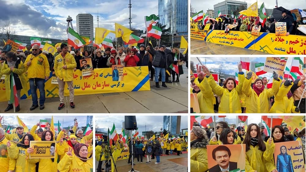 Geneva, Switzerland—December 9, 2023: Freedom-loving Iranians and supporters of the People’s Mojahedin Organization of Iran (PMOI/MEK) organized a demonstration in front of the United Nations headquarters to protest the presence of the mullahs' regime delegation in the Refugee Forum.