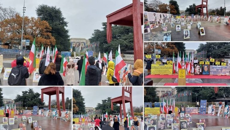 Geneva, Switzerland—December 9, 2023: Freedom-loving Iranians and supporters of the People’s Mojahedin Organization of Iran (PMOI/MEK) organized a rally on the occasion of Human Rights Day in the Nations Square (Place des Nations) to support the Iranian Revolution. Additionally, they condemned the wave of brutal executions in Iran.