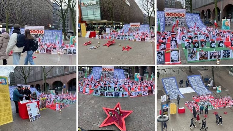 Hamburg, Germany—December 30, 2023: Supporters of the People’s Mojahedin Organization of Iran (PMOI/MEK) and freedom-loving Iranians, organized a photo exhibition in solidarity with the Iranian Revolution.