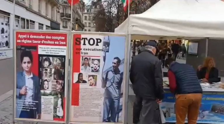 Paris, France—December 30, 2023: On Saturday, the exhibition and book table in solidarity with the Iranian Revolution, organized by supporters of the People’s Mojahedin Organization of Iran (PMOI/MEK) and freedom-loving Iranians, continued for the fifth consecutive day.