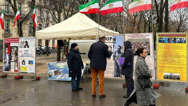 Paris, France—December 5, 2023: Freedom-loving Iranians and supporters of the People’s Mojahedin Organization of Iran (PMOI/MEK) held a photo exhibition in solidarity with the Iranian Revolution.