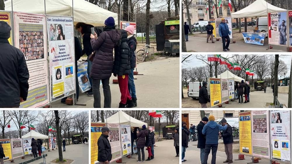 Paris, France—December 19, 2023: Freedom-loving Iranians and supporters of the People’s Mojahedin Organization of Iran (PMOI/MEK) organized an exhibition to express solidarity with the Iranian Revolution.