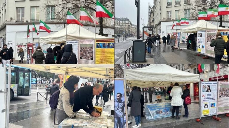 Paris, France—December 20, 2023: Freedom-loving Iranians and supporters of the People’s Mojahedin Organization of Iran (PMOI/MEK) organized an exhibition to express solidarity with the Iranian Revolution.