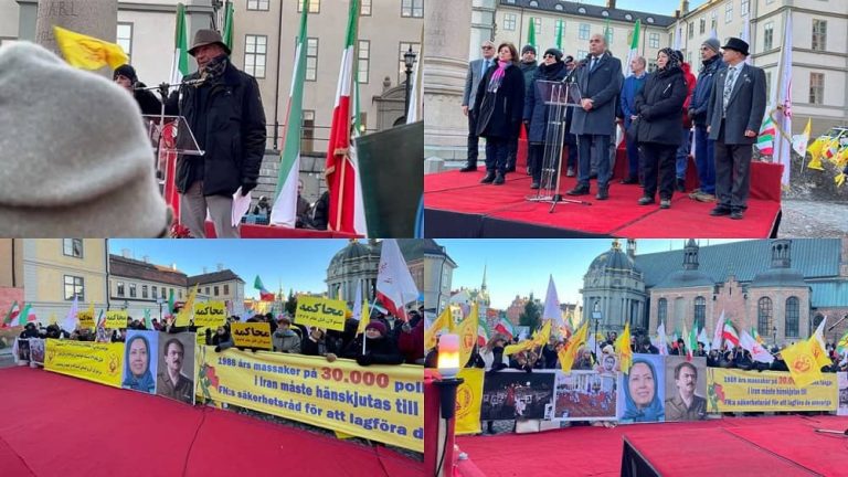 Stockholm, Sweden—December 19, 2023: In the aftermath of the life sentence announcement for Hamid Noury, a notorious figure in the 1988 massacre, a demonstration was held in front of the Stockholm court. This event brought together freedom-loving Iranians, families of the 1988 massacre victims, and supporters of the People's Mojahedin Organization of Iran (PMOI/MEK).