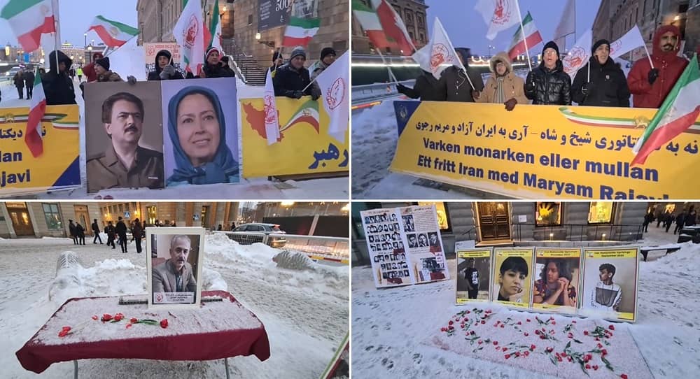 Stockholm, Sweden—December 2, 2023: Freedom-loving Iranians and supporters of the People’s Mojahedin Organization of Iran (PMOI/MEK) organized a rally in the cold and snowy weather in front of the Parliament to support the Iranian Revolution. They also condemned the wave of brutal executions in Iran.