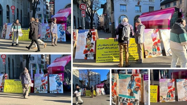 Zurich, Switzerland — December 19, 2023: Freedom-loving Iranians and supporters of the People’s Mojahedin Organization of Iran (PMOI/MEK) organized a photo exhibition in solidarity with the Iranian Revolution.