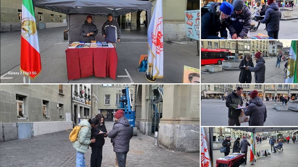 Bern, Switzerland — January 16, 2024: Freedom-loving Iranians and supporters of the People’s Mojahedin Organization of Iran (PMOI/MEK) organized a book exhibition, concurrently collecting signatures for a petition denouncing mass executions carried out by the mullahs' regime. The event also saw expressions of solidarity with the Iranian Revolution.