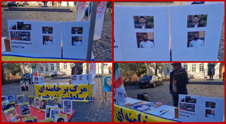 Heidelberg, Germany—January 27, 2024: Freedom-loving Iranians and supporters of the People’s Mojahedin Organization of Iran (PMOI/MEK) organized an exhibition to express solidarity with the Iranian Revolution. This event served as a tribute to the martyrs Mohammad Ghobadlou and Farhad Salimi, who were executed on January 23, 2024, by the mullahs’ regime.