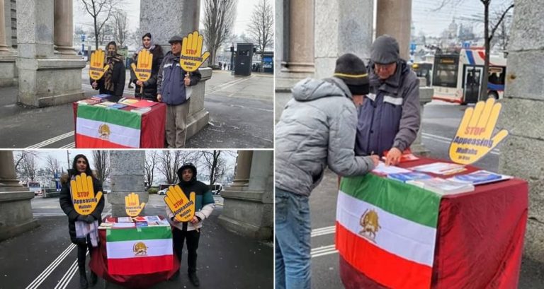 Lucerne, Switzerland—January 11, 2024: Freedom-loving Iranians and supporters of the People’s Mojahedin Organization of Iran (PMOI/MEK) organized a book exhibition in sub-zero freezing weather in solidarity with the Iranian Revolution.
