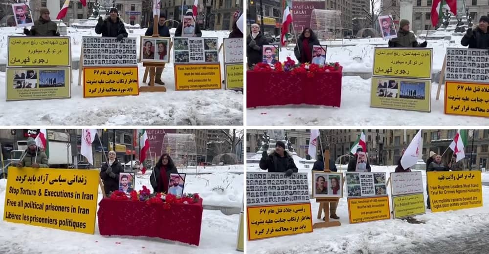 Montreal, Canada—January 27, 2024: Freedom-loving Iranians and supporters of the People’s Mojahedin Organization of Iran (PMOI/MEK) organized a rally in sub-zero freezing weather to express support for the Iranian Revolution. Iranians strongly condemned the execution of two political prisorners Mohammad Ghobadlou and Farhad Salimi, who were executed on January 23, 2024. They also expressed their distaste for the inhuman verdict of gouging the eyes of Mehdi Mousavian, who was arrested and detained during the 2018 Iran protests.