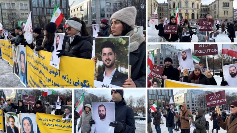 Oslo, Norway—January 27, 2024: Freedom-loving Iranians and supporters of the People’s Mojahedin Organization of Iran (PMOI/MEK) organized a rally in subzero freezing weather to express support for the Iranian Revolution.