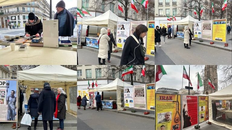 Paris, France—January 9, 2024: Freedom-loving Iranians and supporters of the People’s Mojahedin Organization of Iran (PMOI/MEK) organized a photo exhibition and book table in solidarity with the Iranian Revolution.