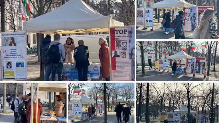 Paris, France—January 24, 2024: Freedom-loving Iranians and supporters of the People’s Mojahedin Organization of Iran (PMOI/MEK) organized an exhibition in front of the French National Assembly to express solidarity with the Iranian Revolution.