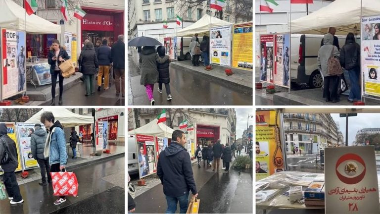 Paris, France—January 3, 2024: Freedom-loving Iranians and supporters of the People’s Mojahedin Organization of Iran (PMOI/MEK) organized photo exhibition and book table in solidarity with the Iranian Revolution.