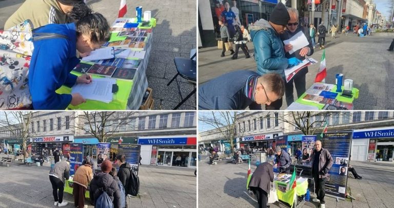 Southampton, England—January 27, 2024: Freedom-loving Iranians and supporters of the People’s Mojahedin Organization of Iran (PMOI/MEK) organized a book exhibition in support of the Iranian Revolution.