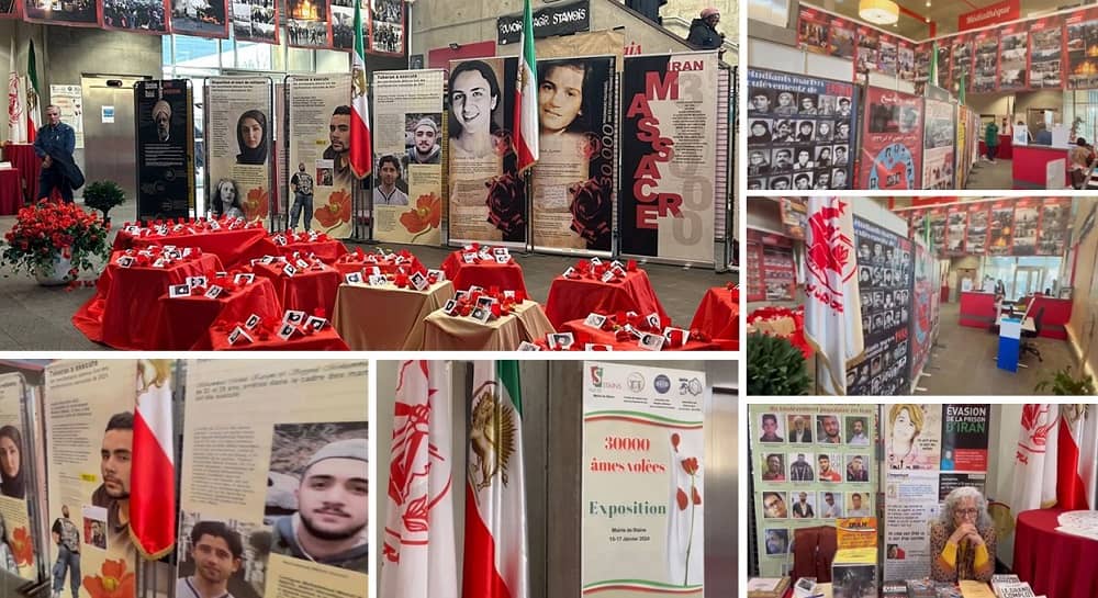 Stains, France—January 15, 2024: Freedom-loving Iranians and supporters of the People’s Mojahedin Organization of Iran (PMOI/MEK) organized a photo exhibition and set up a book table to express solidarity with the Iranian Revolution. Stains, situated in the northern suburbs of Paris, served as the backdrop for this exhibition.