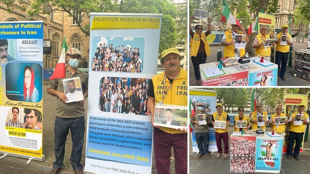 Sydney, Australia — January 25, 2024: Freedom-loving Iranians and supporters of the People’s Mojahedin Organization of Iran (PMOI/MEK) organized a rally in solidarity with the Iranian Revolution. This rally served as a tribute to the martyrs Mohammad Ghobadlou and Farhad Salimi, who were executed on January 23, 2024, by the mullahs' regime.
