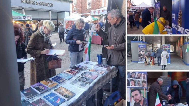 Winchester, England—January 6, 2024: Freedom-loving Iranians, and supporters of the People’s Mojahedin Organization of Iran (PMOI/MEK) organized a photo exhibition and book table in solidarity with the Iranian Revolution.